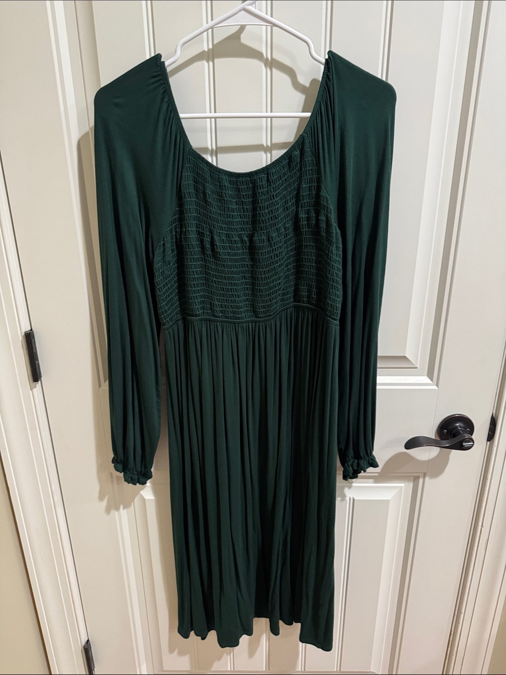 White Birch Dark Green Long Sleeve Smocked Bodice Dress